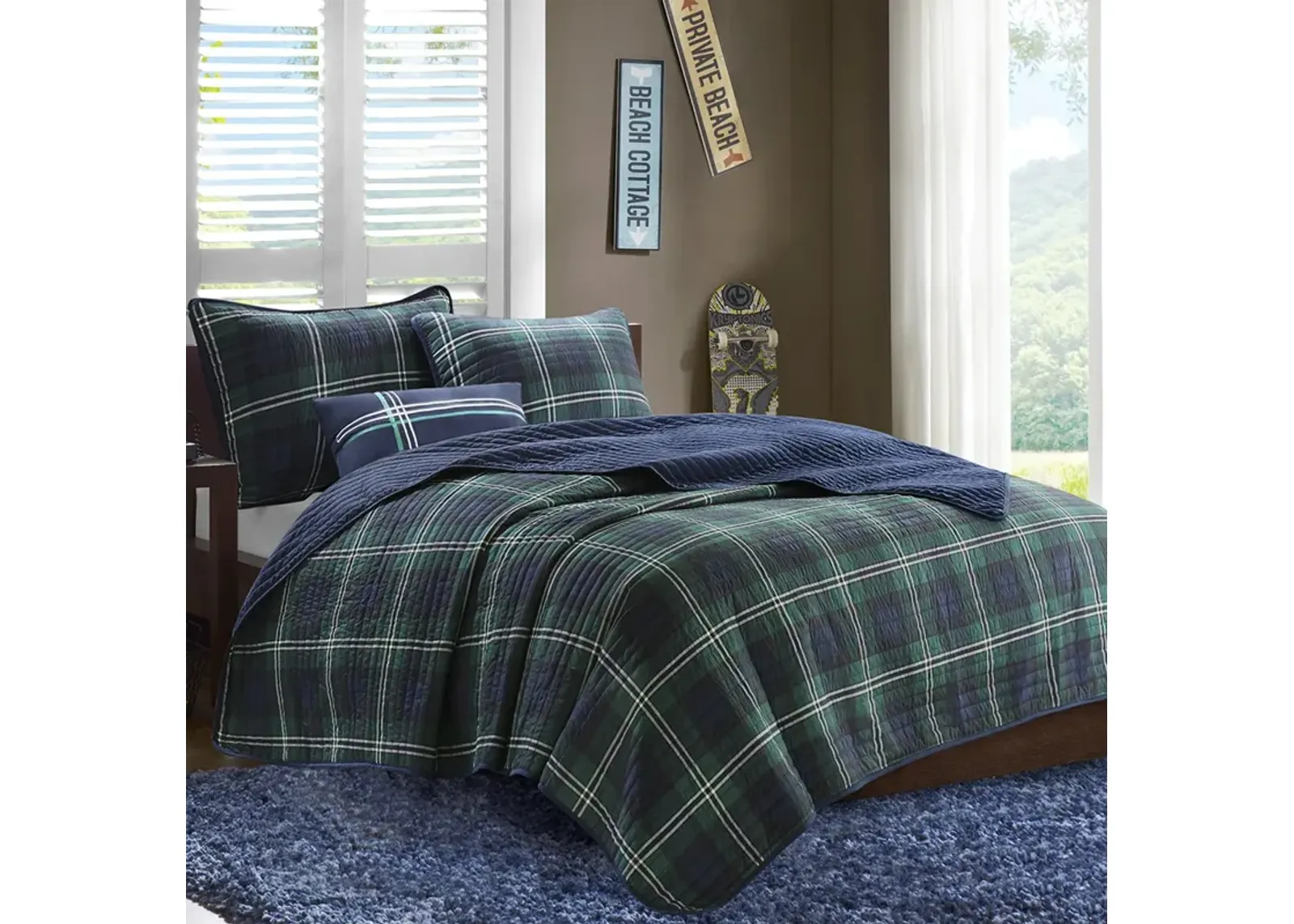 Mi Zone Brody Blue Reversible Quilt Set with Throw Pillow