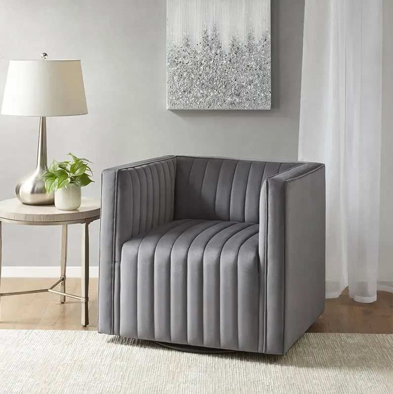 Madison Park Sikora Gray Channel Tufted Swivel Armchair