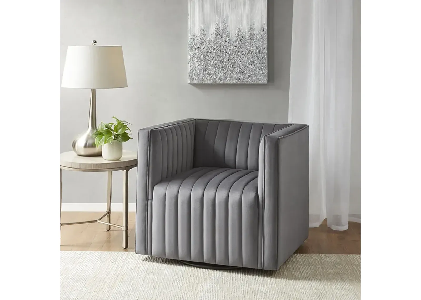 Madison Park Sikora Gray Channel Tufted Swivel Armchair