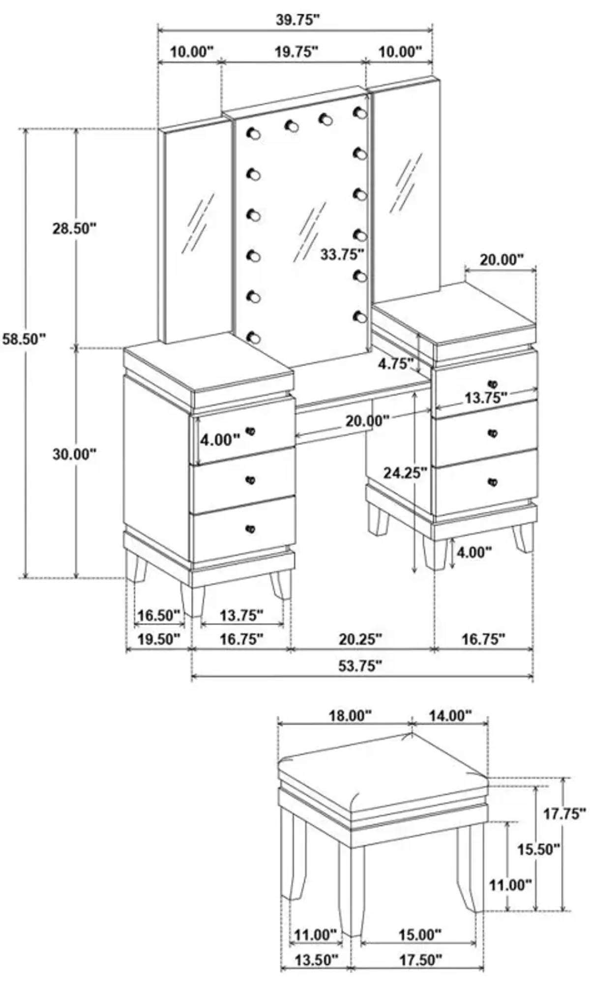 Talei 6-drawer Vanity Set with Hollywood Lighting Black and White