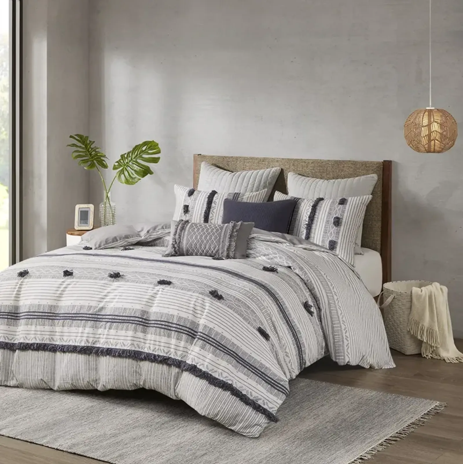 INK+IVY Cody Gray/Navy 3 Piece Cotton Duvet Cover Set