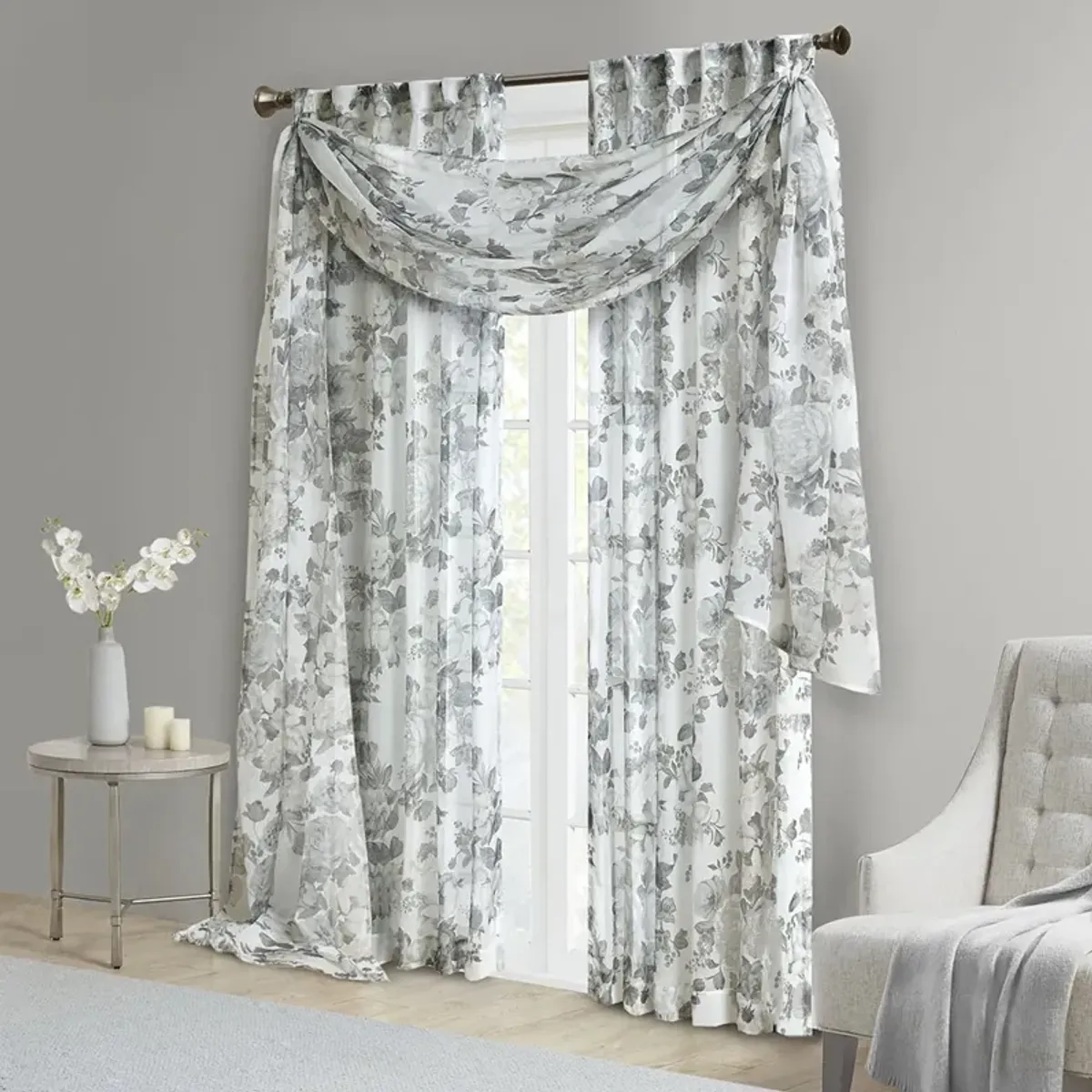 Madison Park Simone White Printed Floral Rod Pocket and Back Tab Voile Sheer Curtain