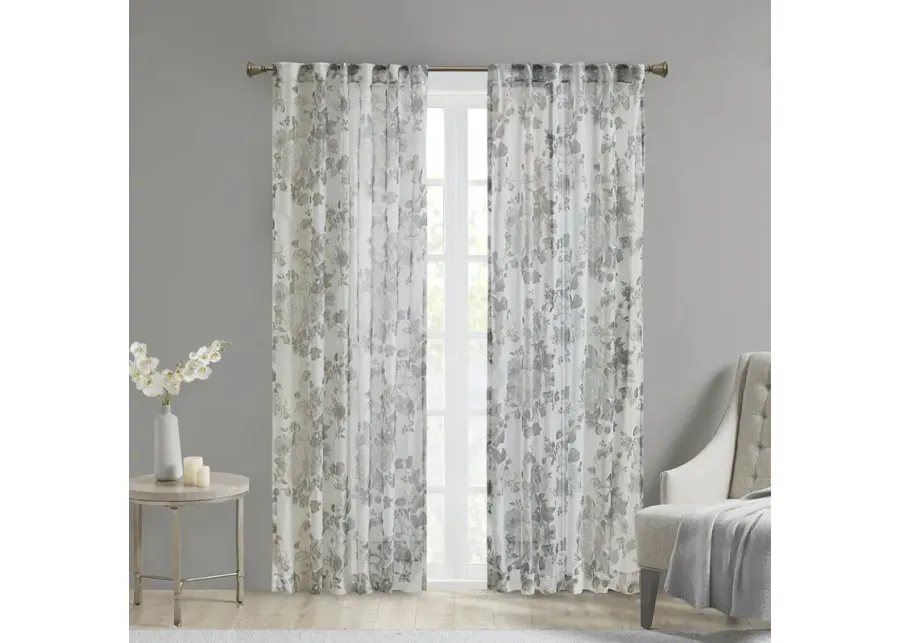 Madison Park Simone White Printed Floral Rod Pocket and Back Tab Voile Sheer Curtain