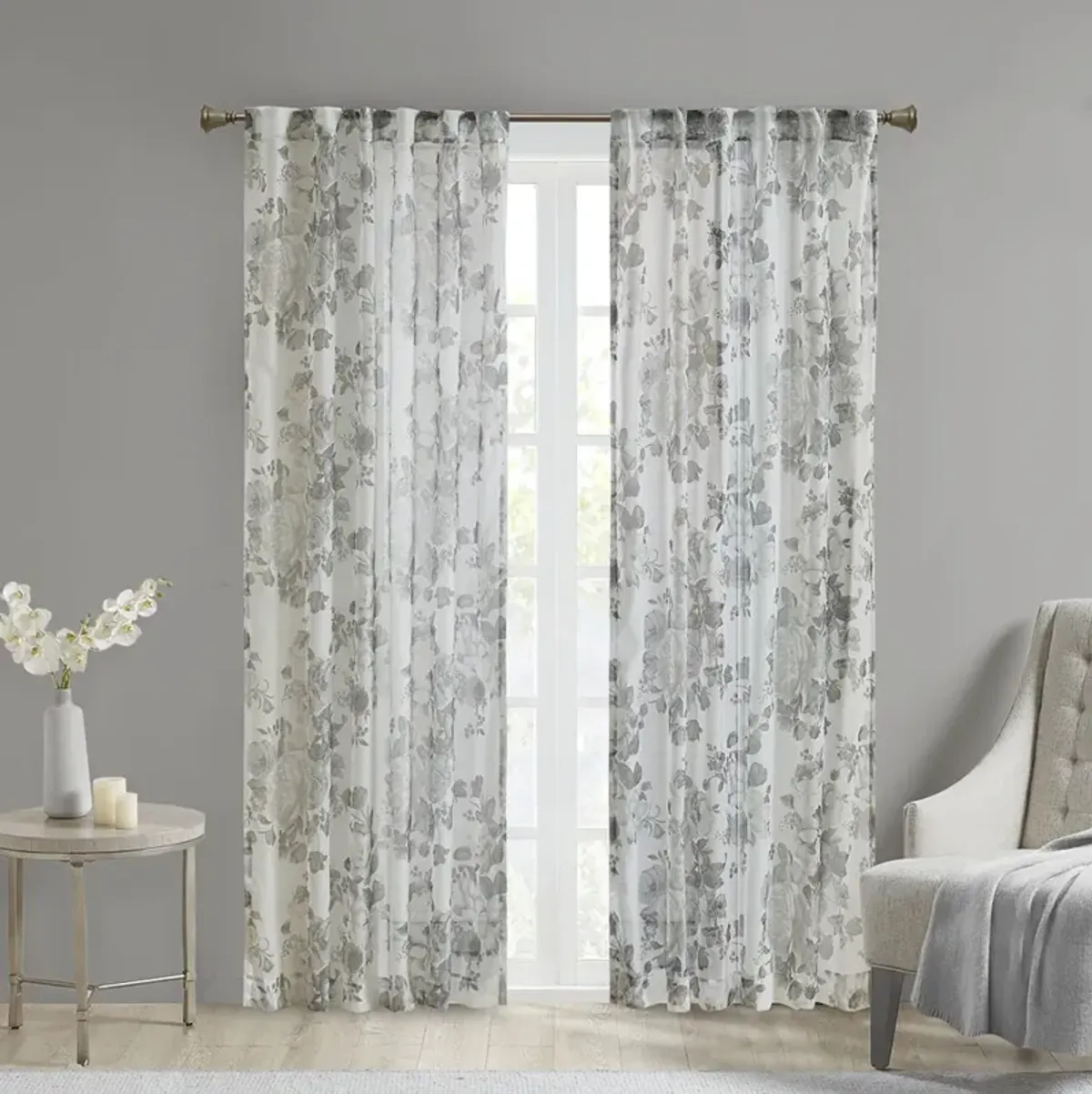 Madison Park Simone White Printed Floral Rod Pocket and Back Tab Voile Sheer Curtain