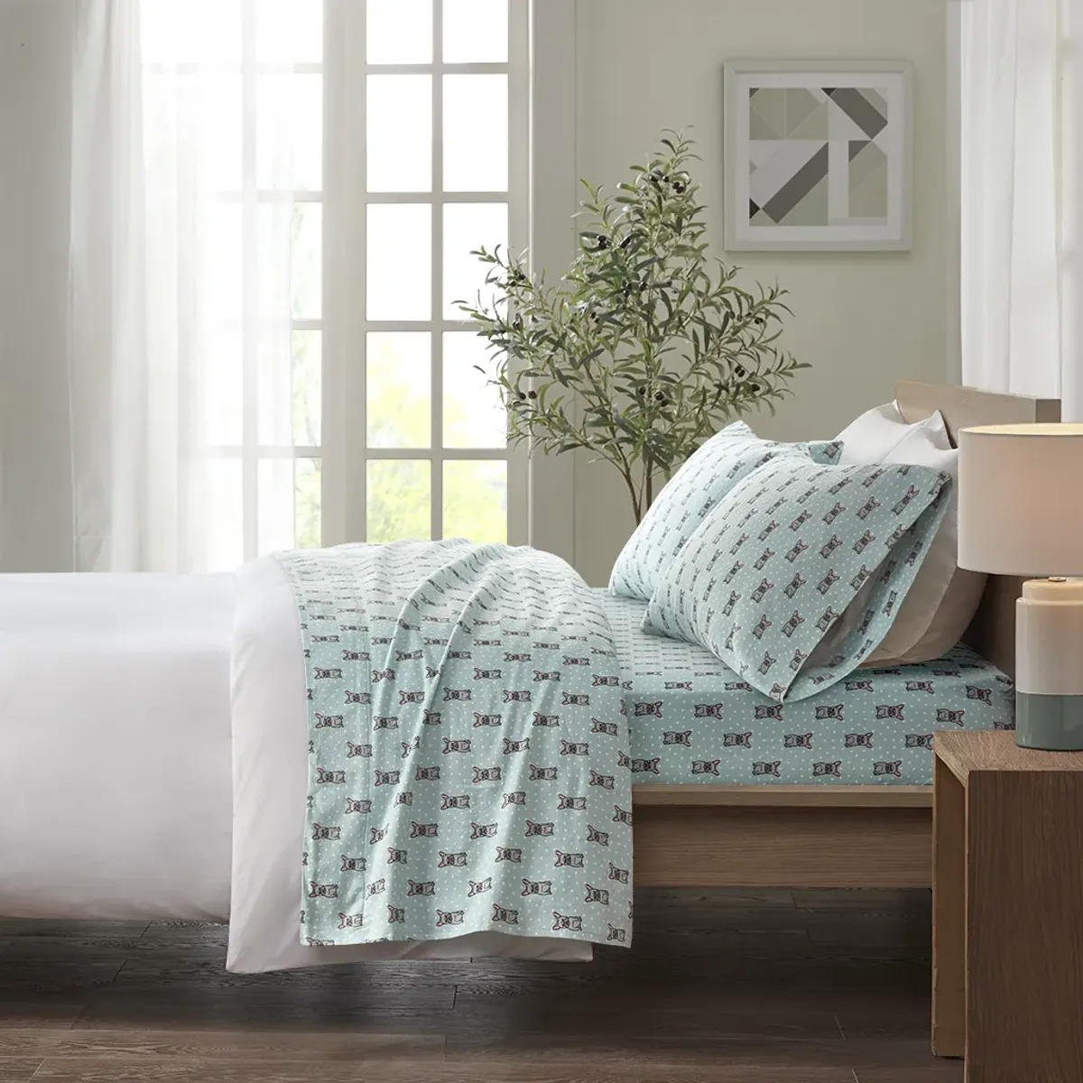 True North by Sleep Philosophy Cozy Flannel Aqua French Bulldog Printed Sheet Set