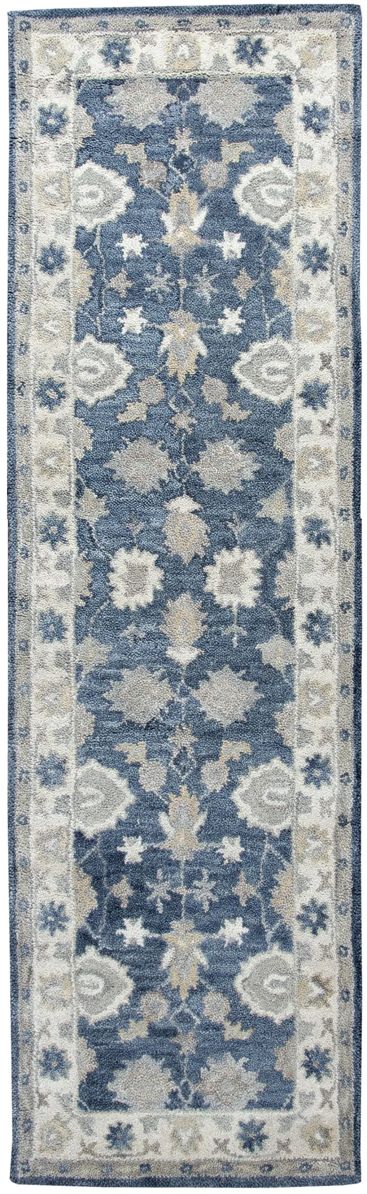 Leone Blue Traditional Motifs Wool 2'6" x 8' Runner Rug