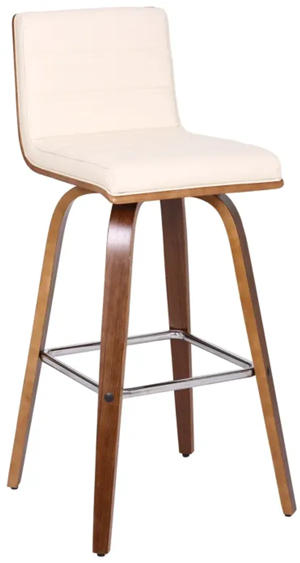 Vienna 30" Bar Height Swivel Cream Faux Leather and Walnut Wood Bar Stool