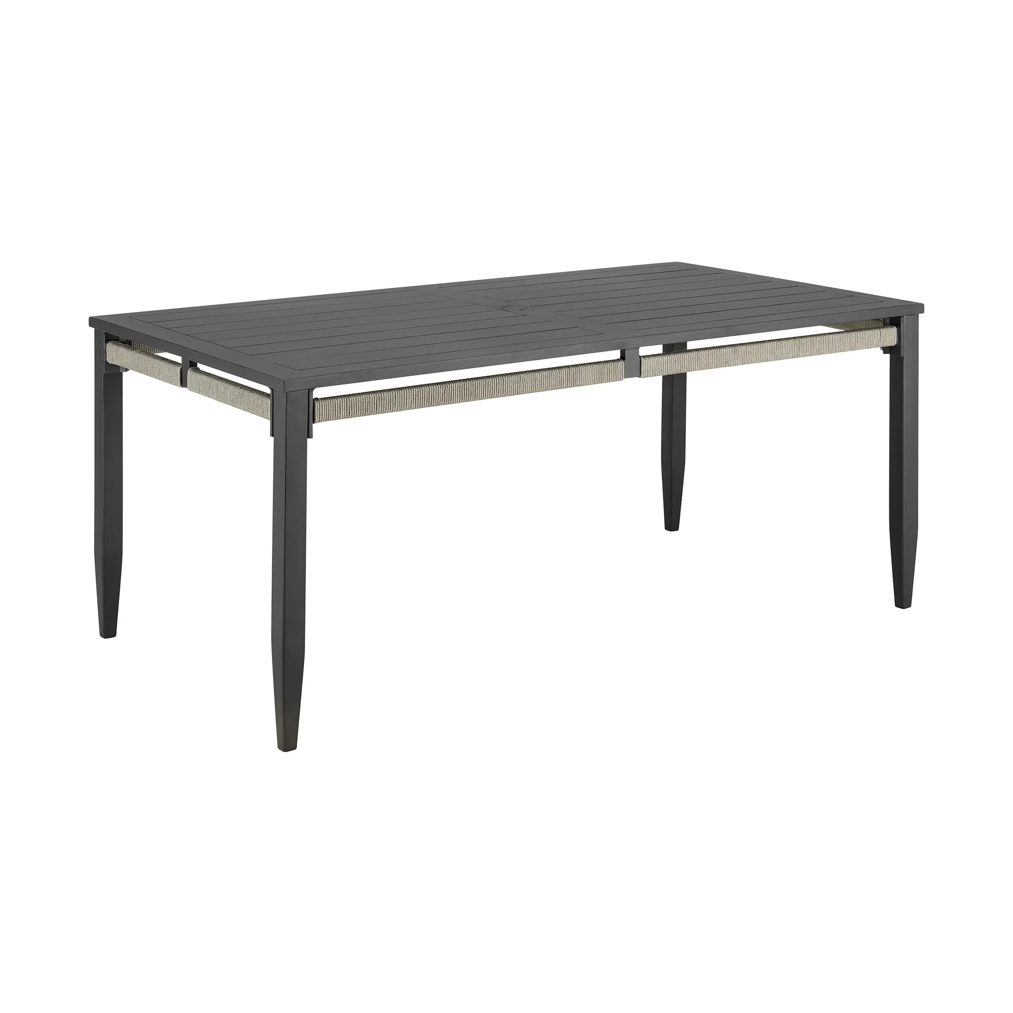 Zella Rectangular Dining Table in Aluminum with Charcoal Finish and Light Gray Rope