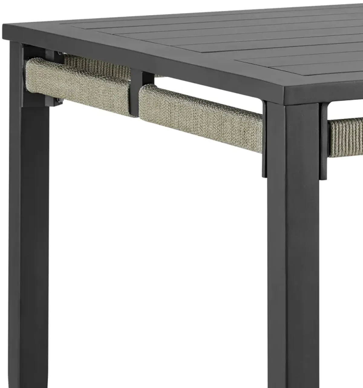 Zella Rectangular Dining Table in Aluminum with Charcoal Finish and Light Gray Rope