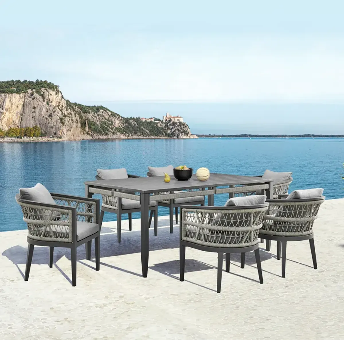 Zella Rectangular Dining Table in Aluminum with Charcoal Finish and Light Gray Rope