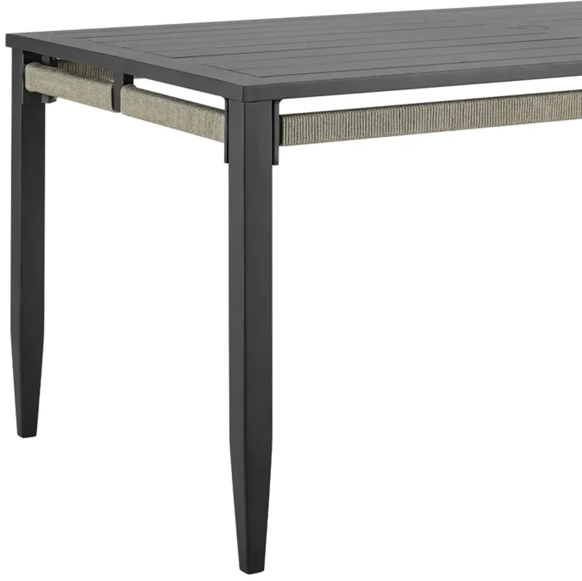 Zella Rectangular Dining Table in Aluminum with Charcoal Finish and Light Gray Rope