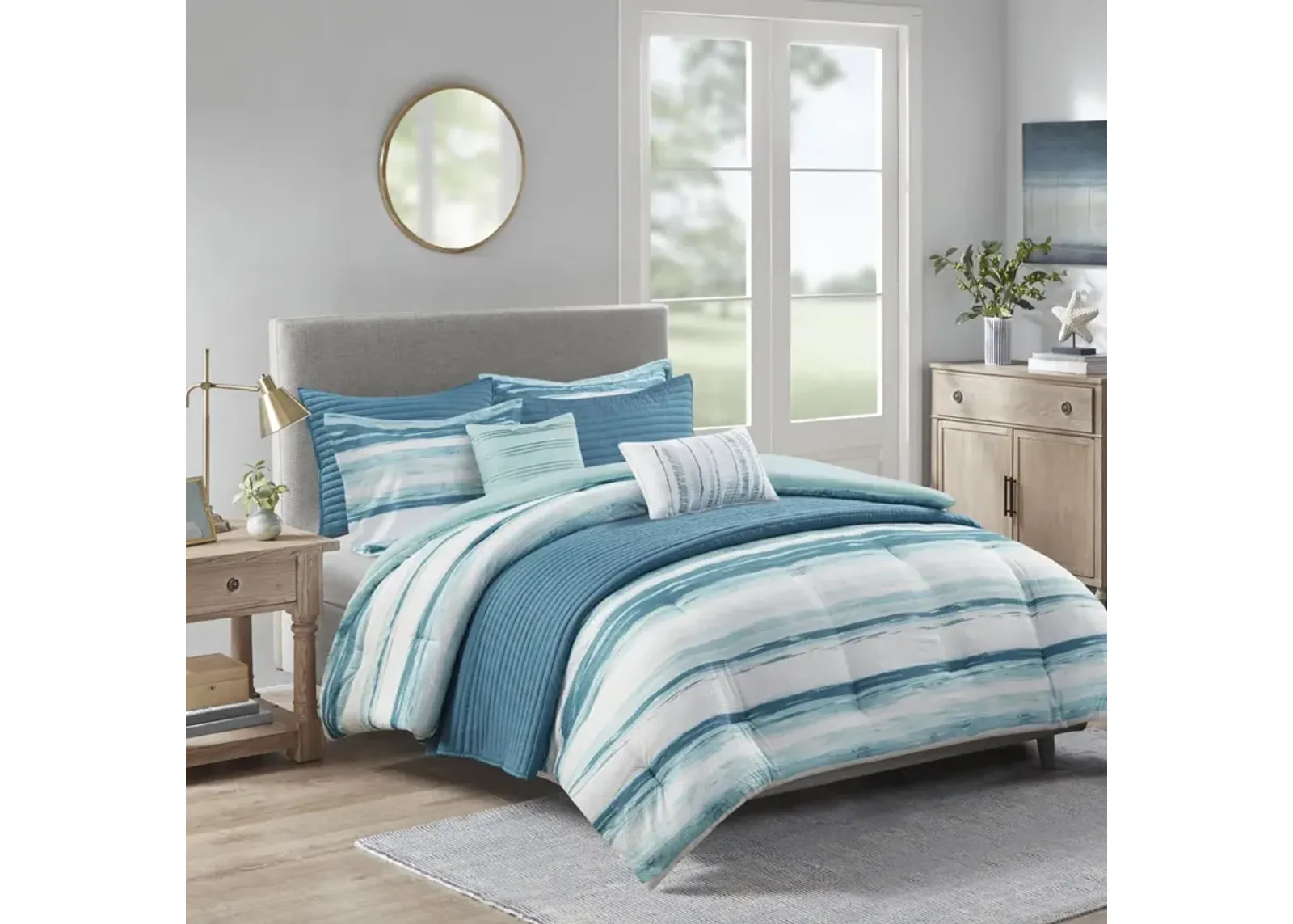 Madison Park Marina Aqua 8 Piece Printed Seersucker Comforter and Quilt Set Collection