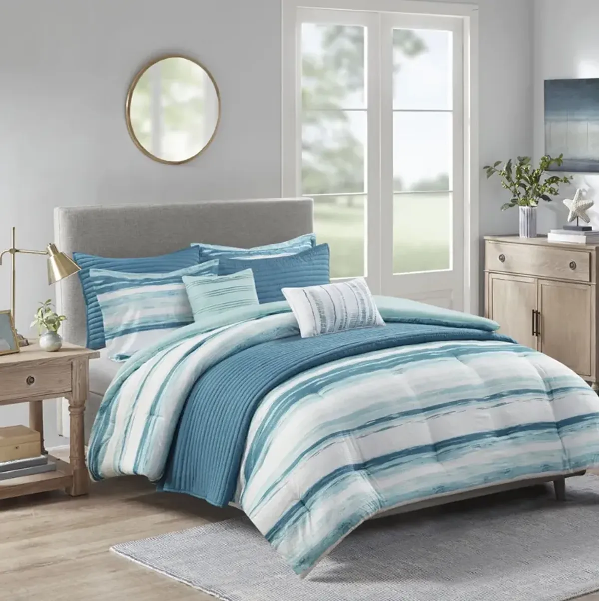 Madison Park Marina Aqua 8 Piece Printed Seersucker Comforter and Quilt Set Collection