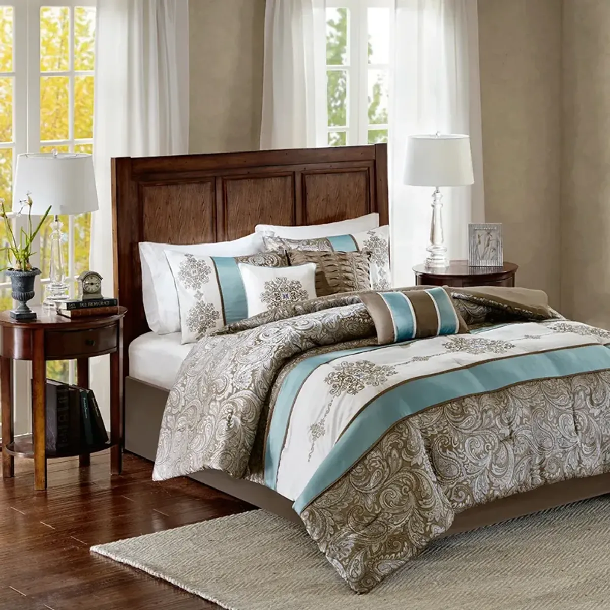 Madison Park Caroline Blue Jacquard 7 Piece Comforter Set