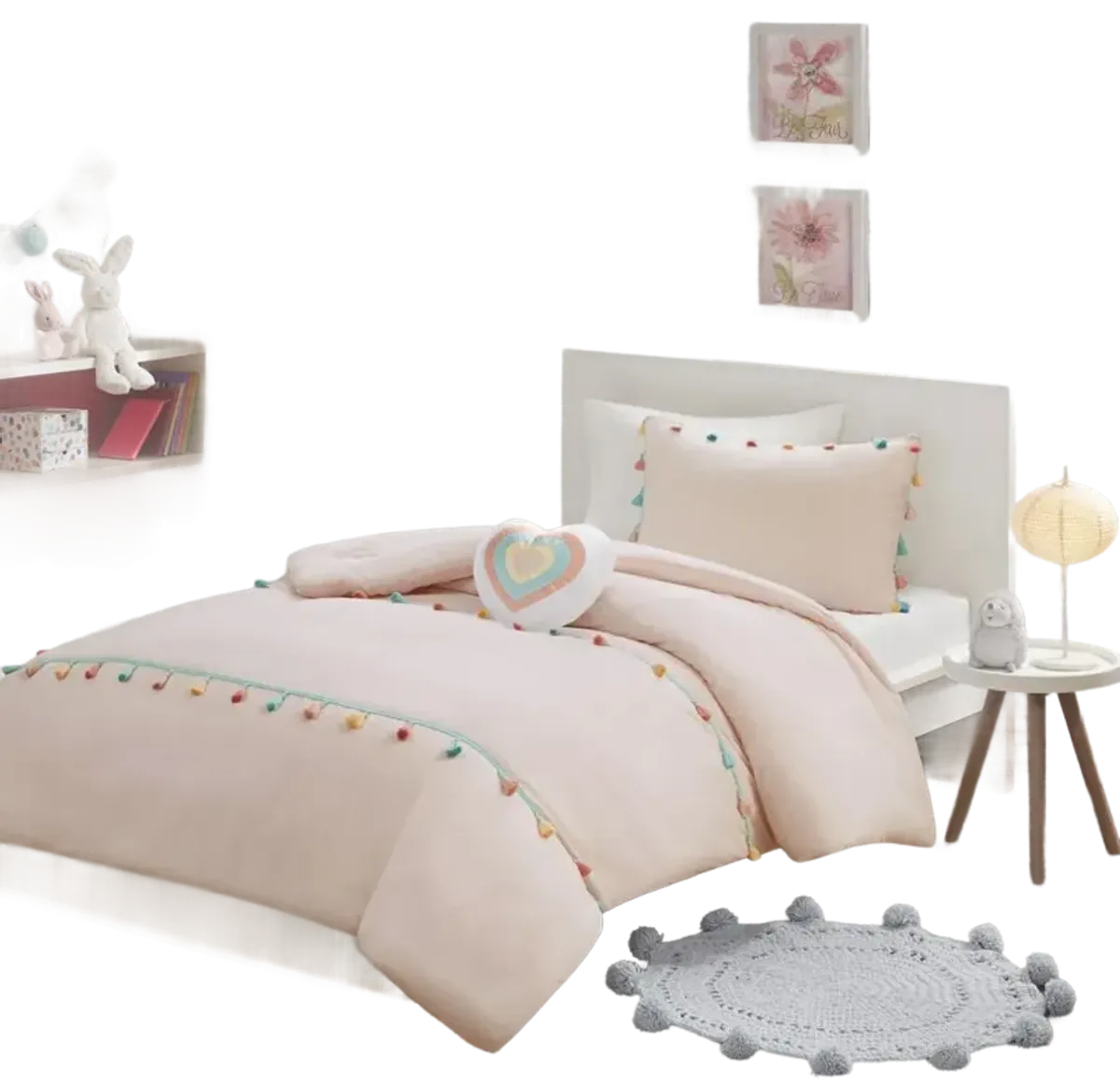 Mi Zone Kids Tessa Blush Tassel Comforter Set with Heart Shaped Throw Pillow