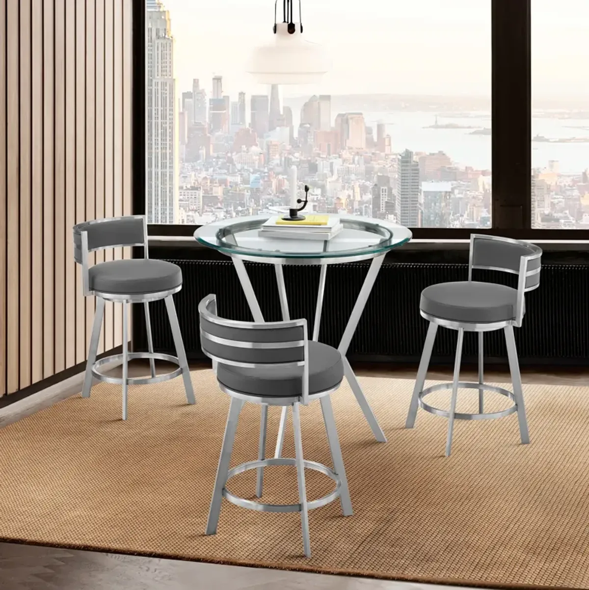 Naomi and Roman 4-Piece Counter Height Dining Set in Brushed Stainless Steel and Grey Faux Leather