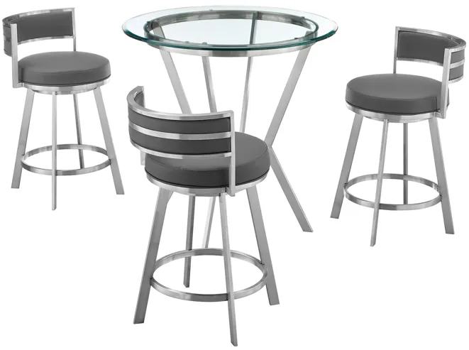 Naomi and Roman 4-Piece Counter Height Dining Set in Brushed Stainless Steel and Grey Faux Leather