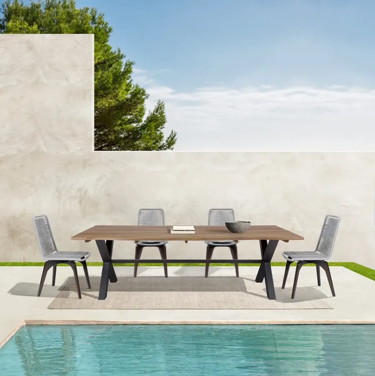 Glendora Island Outdoor Patio 5 Piece Live Edge Dining Set in Eucalyptus Wood and Silver Rope