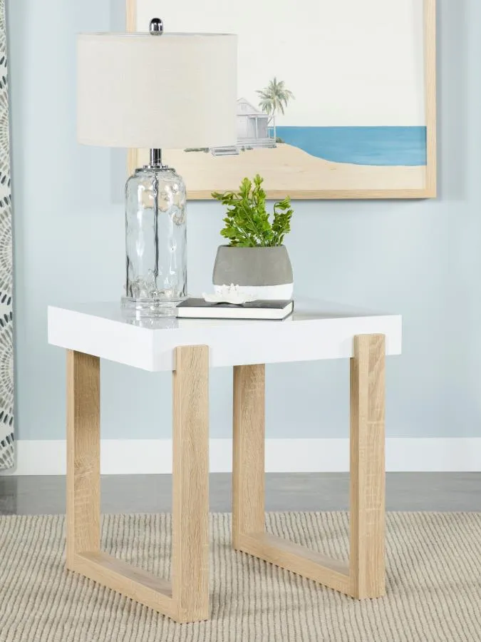 Pala Rectangular End Table with Sled Base White High Gloss and Natural