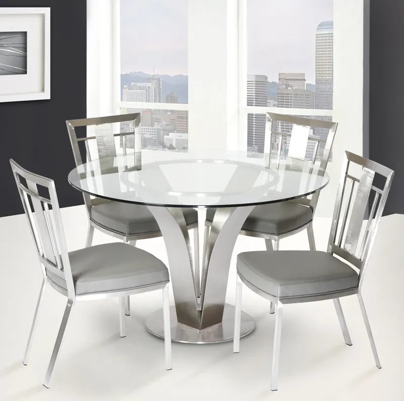 Cleo Contemporary Dining Table In Stainless Steel With Clear Glass