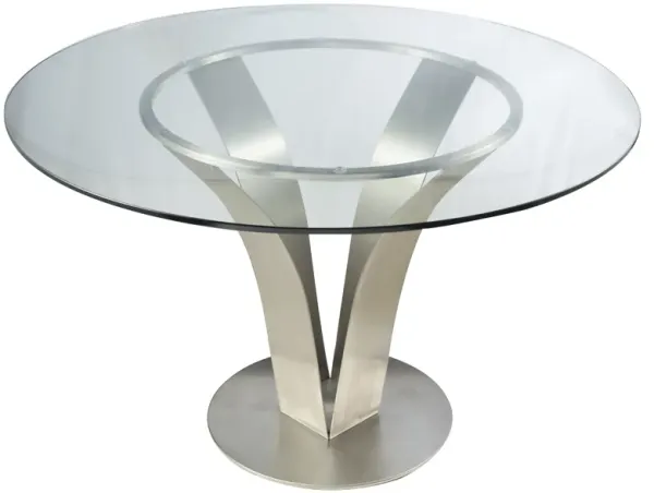 Cleo Contemporary Dining Table In Stainless Steel With Clear Glass