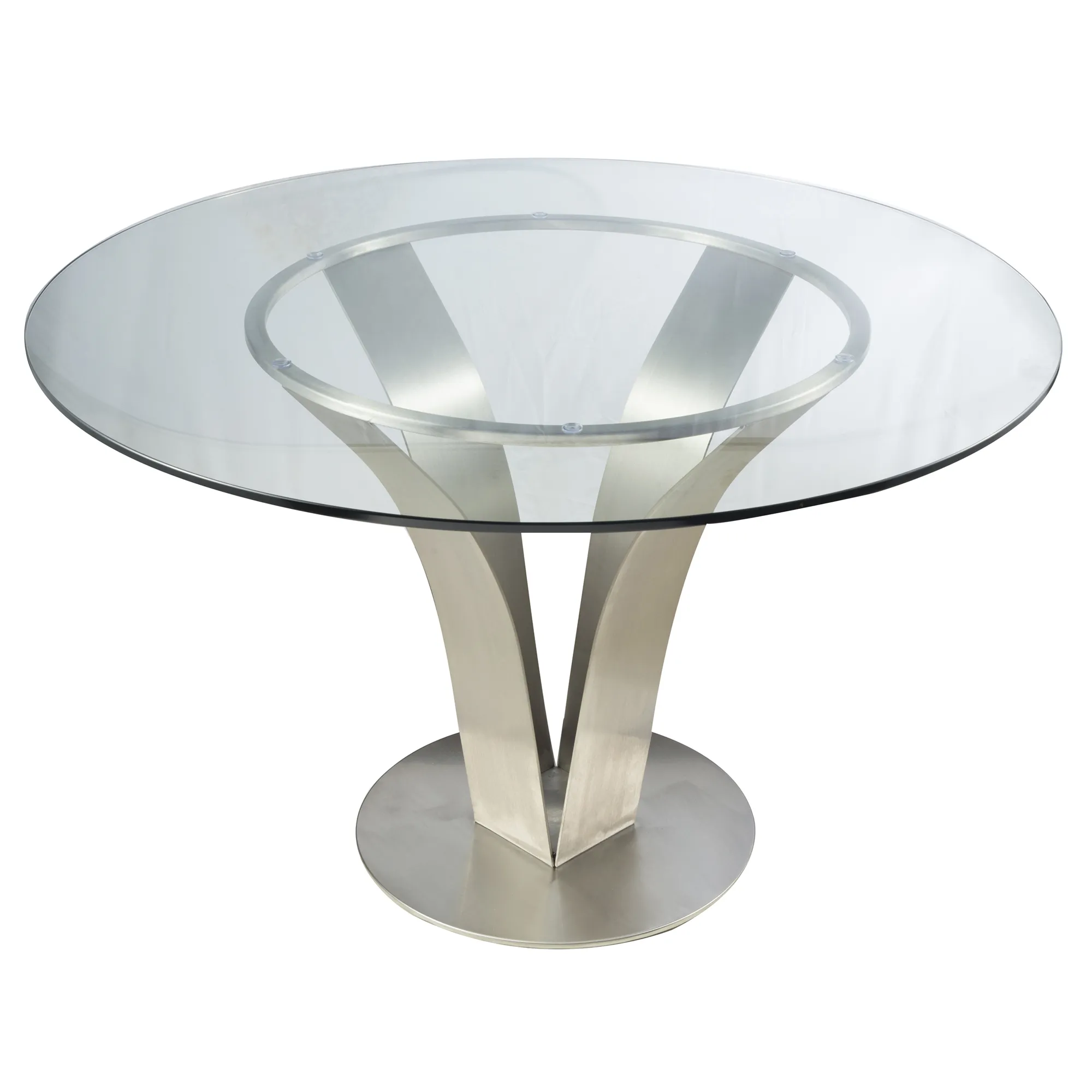 Cleo Contemporary Dining Table In Stainless Steel With Clear Glass