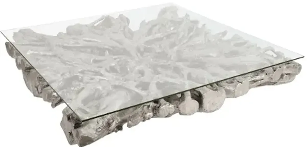 square root cast coffee table, with glass