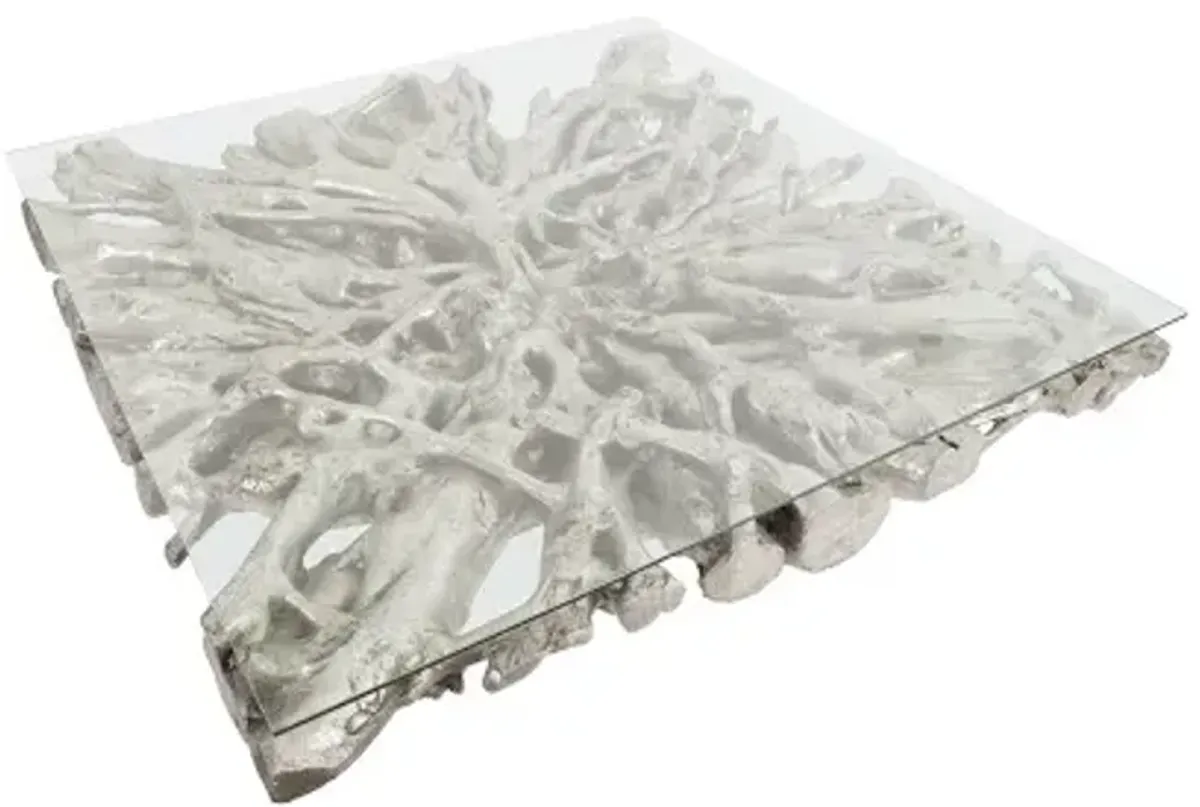 square root cast coffee table, with glass