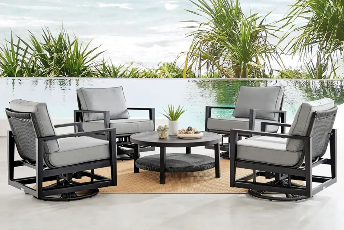 Cayman Black Aluminum Outdoor Round Conversation Table with Wicker Shelf