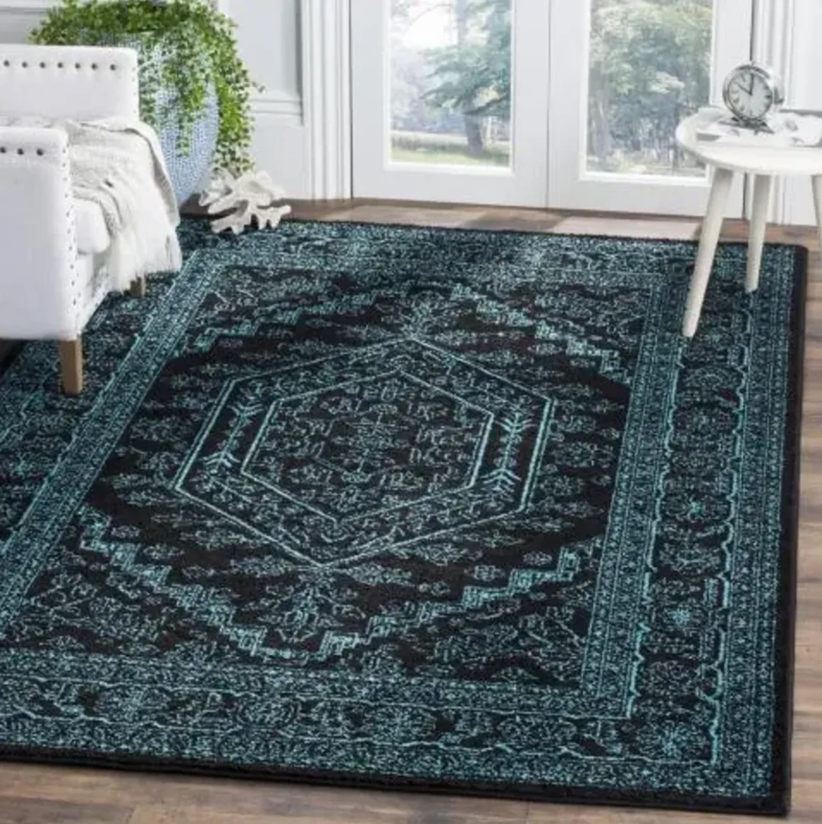 Adirondack Contemporary Black / Teal 8' X 10' Powerloomed Rug