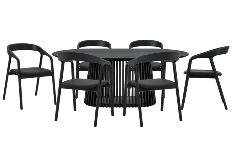 Pasadena Apache 7 Piece Oval Dining Set in Black Oak Finish with Black Faux Leather 