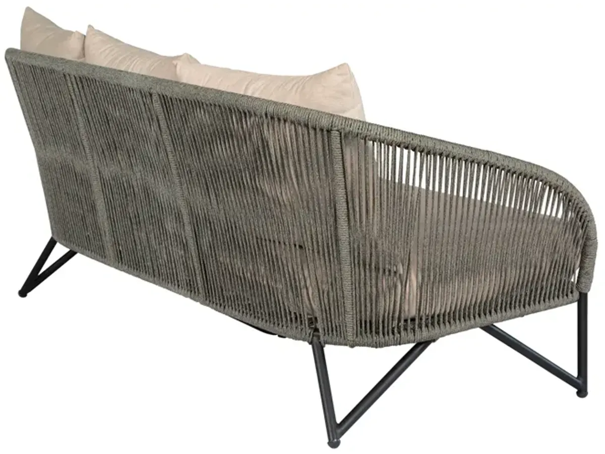 Benicia Outdoor Patio Sofa in Black Steel with Gray Rope and Taupe Olefin Cushions