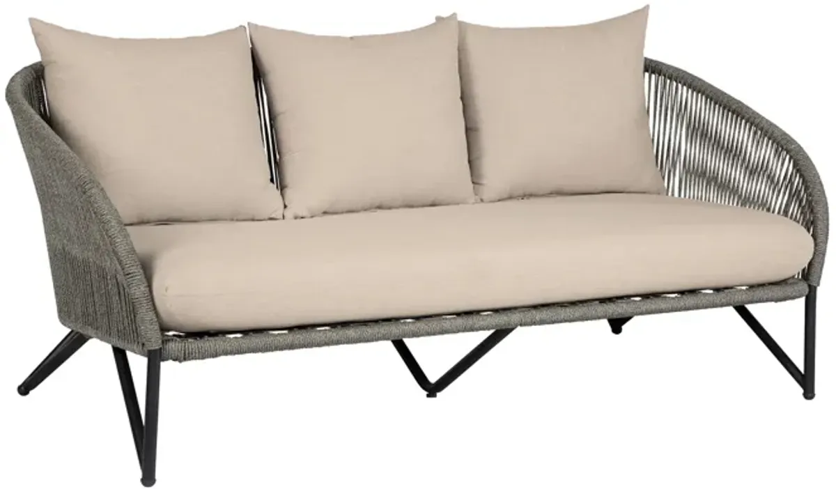 Benicia Outdoor Patio Sofa in Black Steel with Gray Rope and Taupe Olefin Cushions