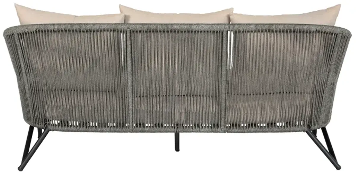 Benicia Outdoor Patio Sofa in Black Steel with Gray Rope and Taupe Olefin Cushions