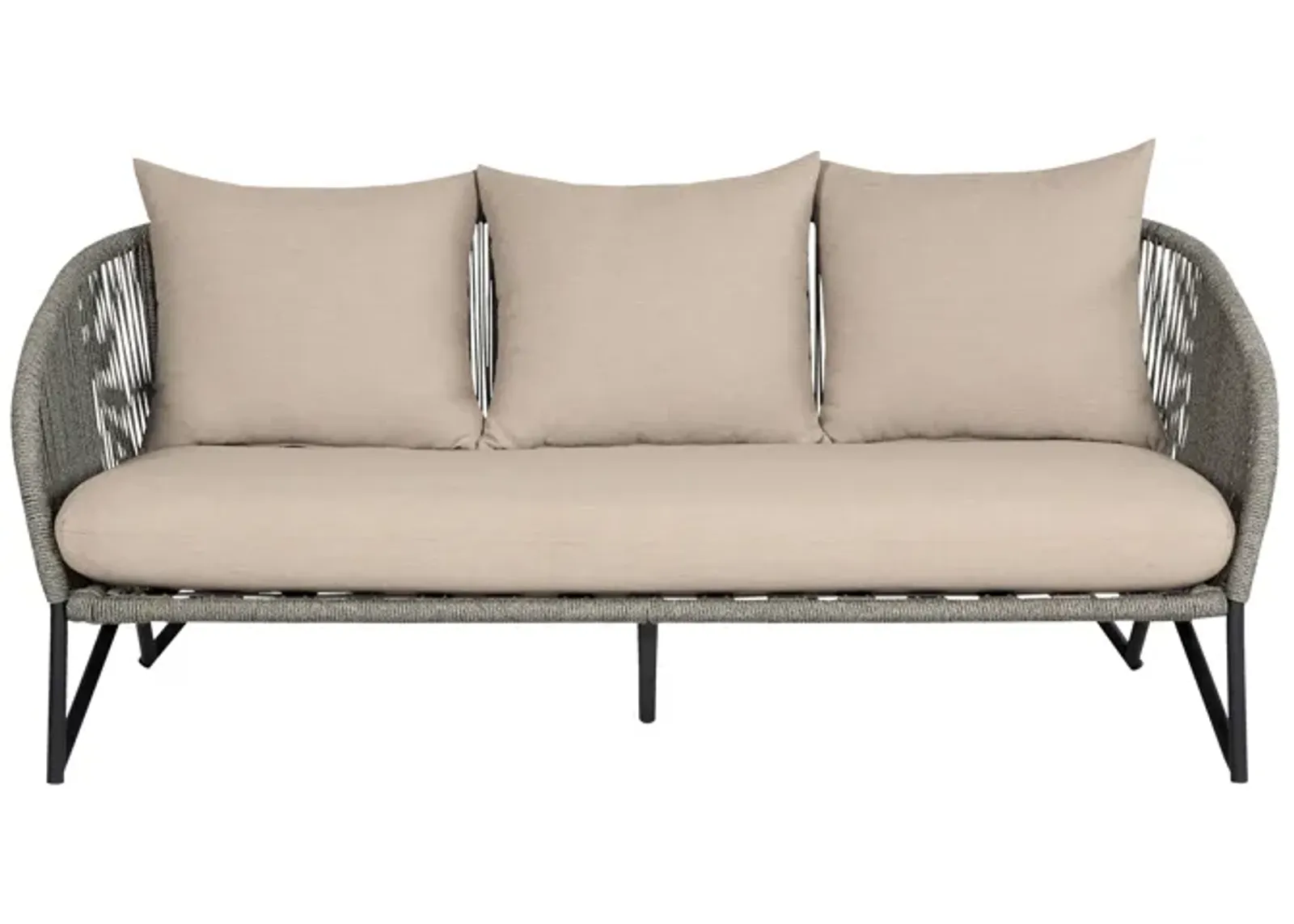 Benicia Outdoor Patio Sofa in Black Steel with Gray Rope and Taupe Olefin Cushions