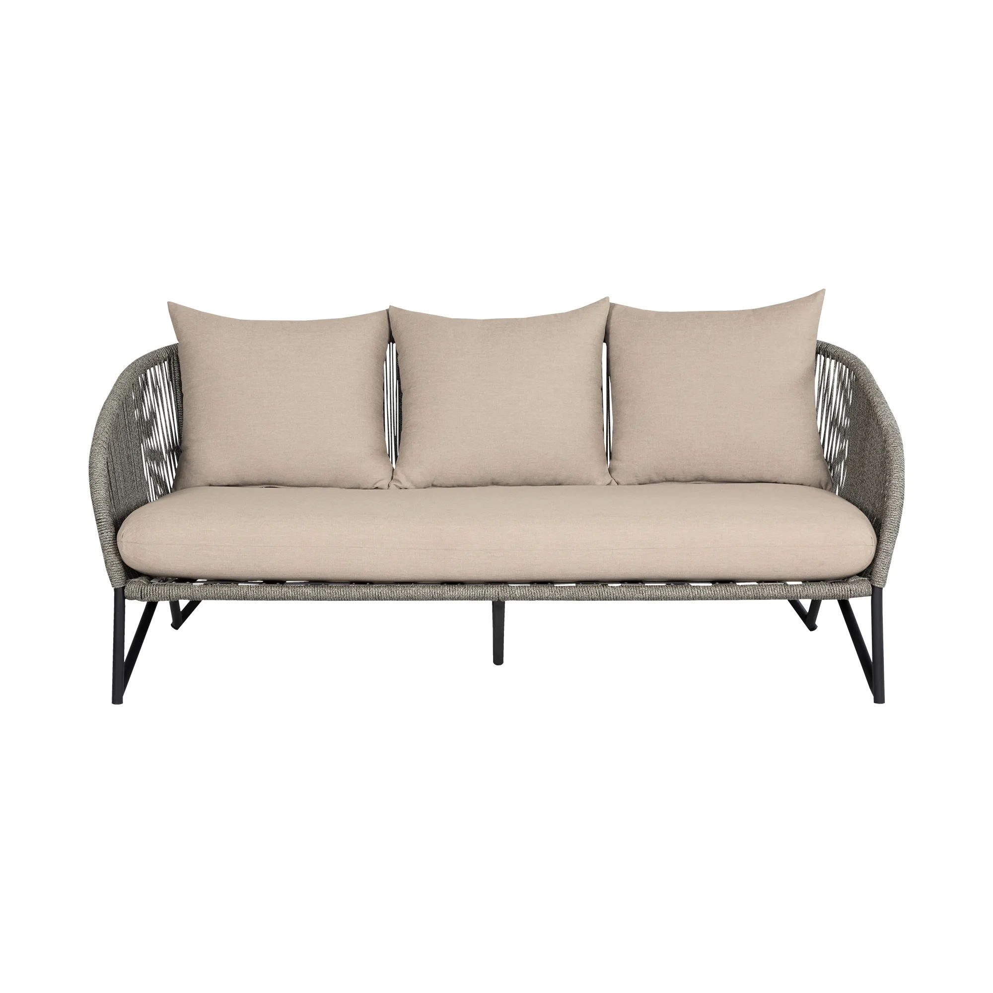 Benicia Outdoor Patio Sofa in Black Steel with Gray Rope and Taupe Olefin Cushions