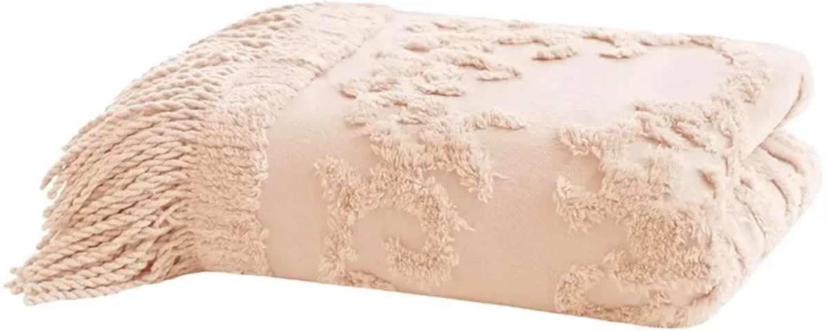 Madison Park Chloe Blush 100% Cotton Tufted Chenille Lightweight Throw With Fringe Tassel 50" x 60"