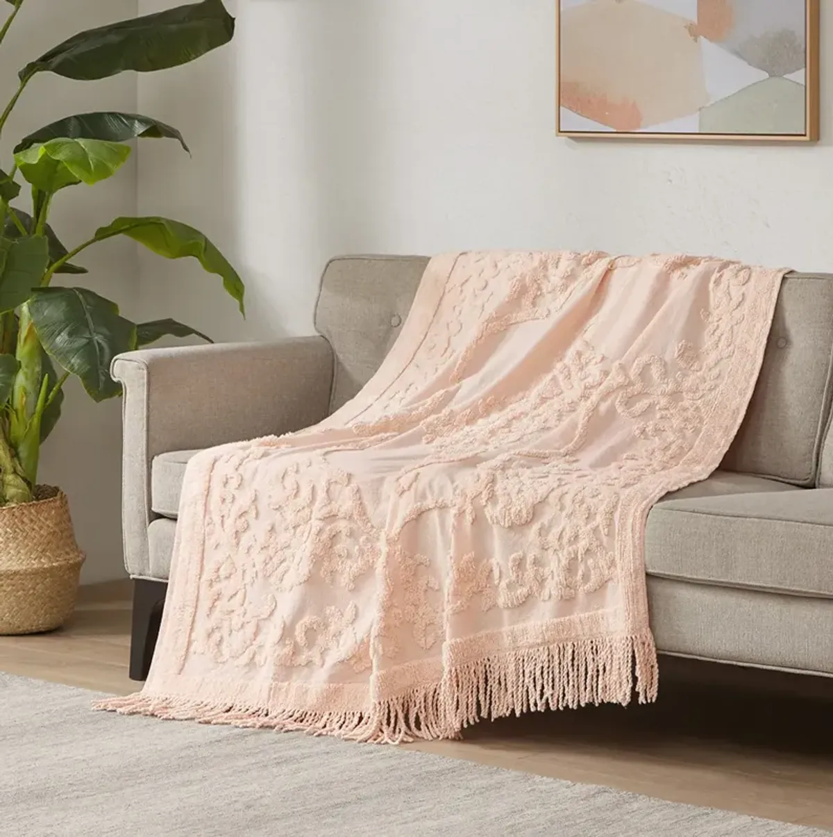 Madison Park Chloe Blush 100% Cotton Tufted Chenille Lightweight Throw With Fringe Tassel 50" x 60"