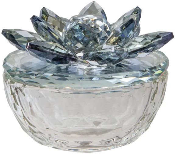 Glass Trinket Box Clear W/lt Blue Lotus Top