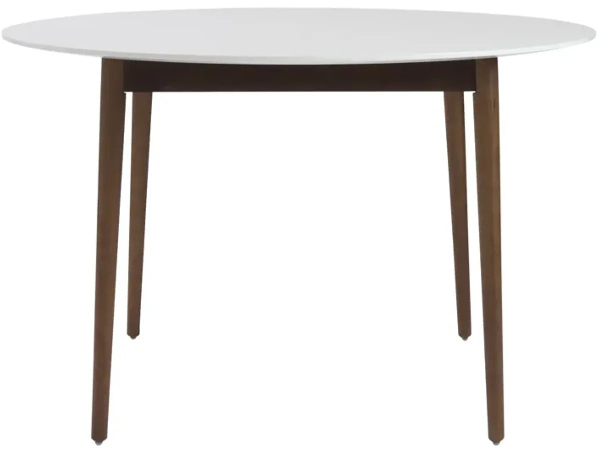 Manon Round Dining Table in Matte White with Dark Walnut Legs