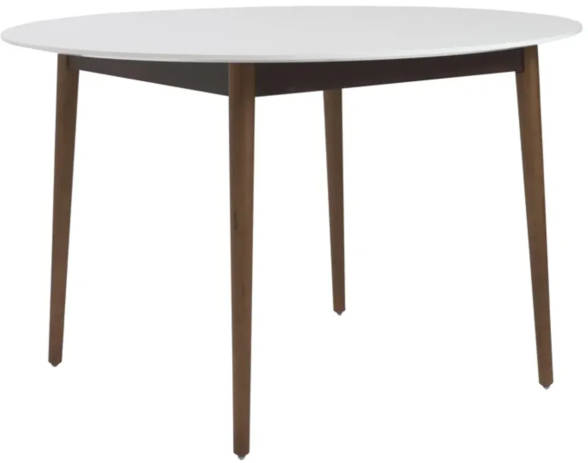 Manon Round Dining Table in Matte White with Dark Walnut Legs