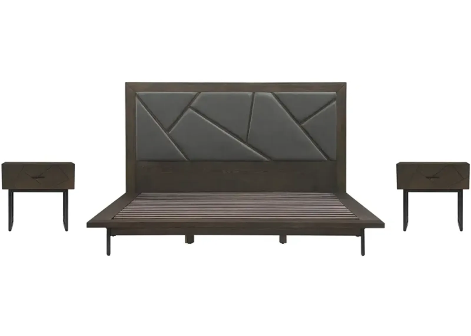 Marquis 3 Piece King Size Platform Bed Frame Bedroom Set in Oak Wood with Faux Leather Headboard