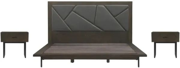 Marquis 3 Piece King Size Platform Bed Frame Bedroom Set in Oak Wood with Faux Leather Headboard