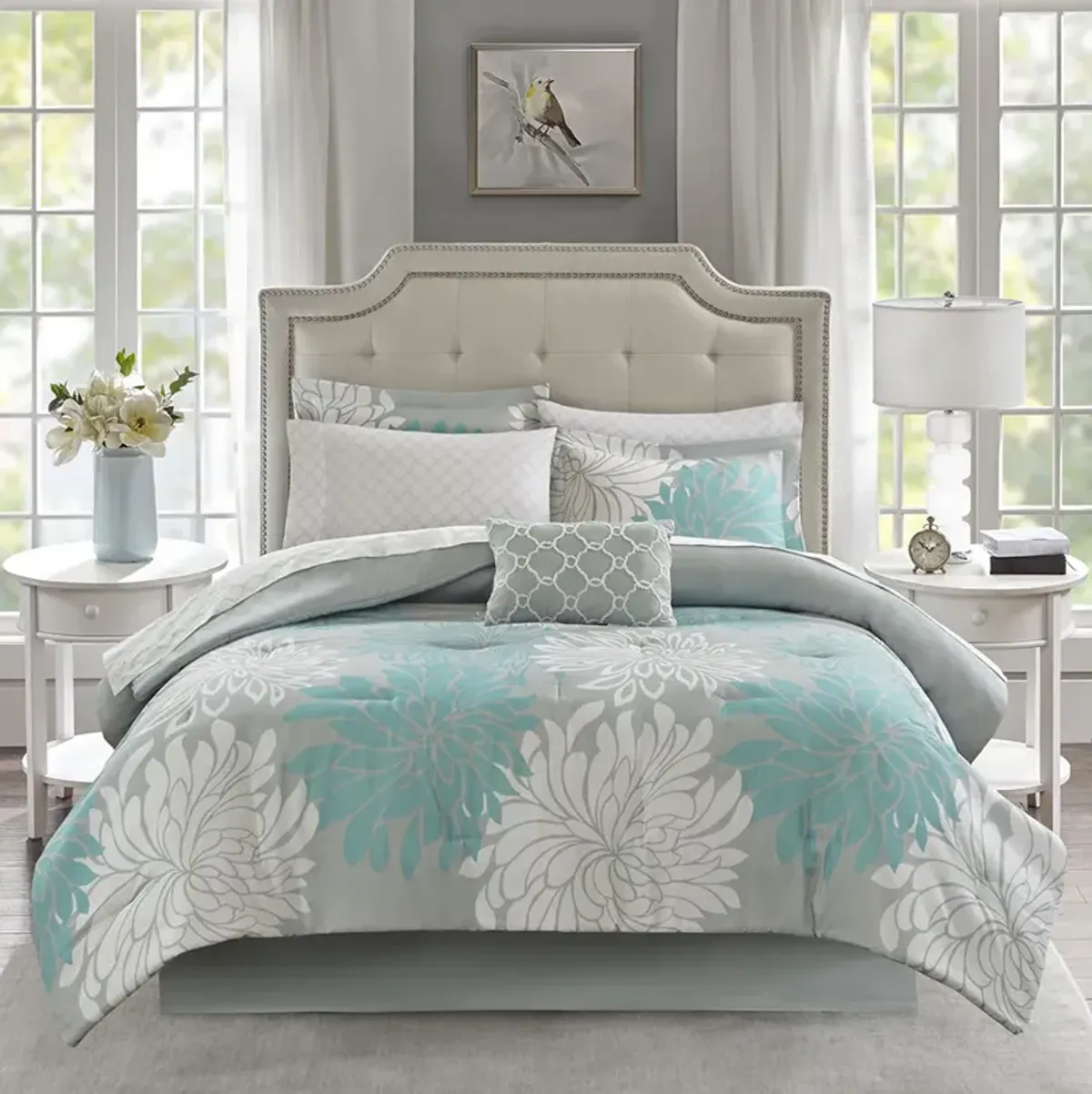 Madison Park Essentials Maible Aqua 7 Piece Comforter Set with Cotton Bed Sheets