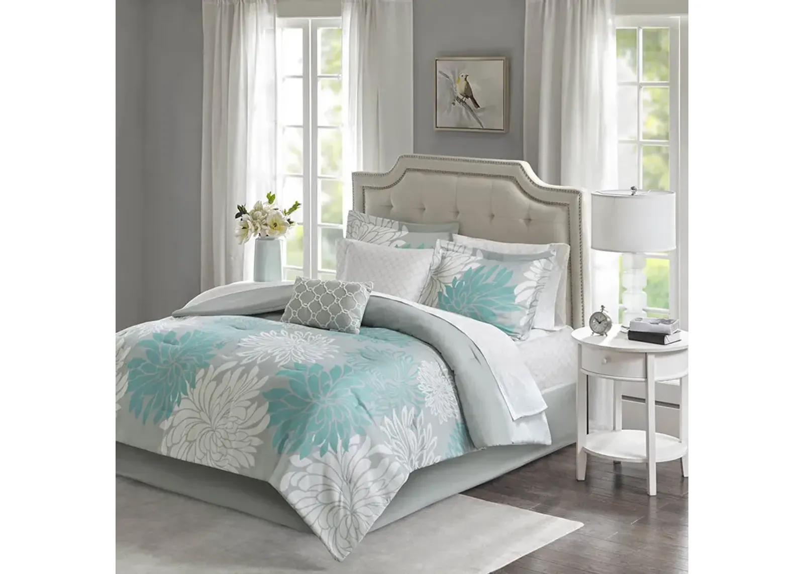 Madison Park Essentials Maible Aqua 7 Piece Comforter Set with Cotton Bed Sheets