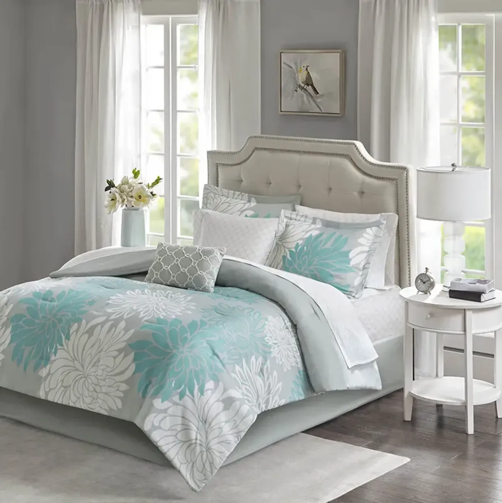 Madison Park Essentials Maible Aqua 7 Piece Comforter Set with Cotton Bed Sheets