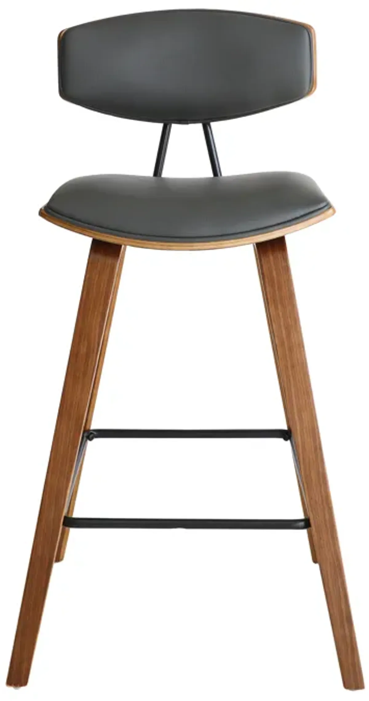 Fox 28.5" Bar Height Grey Faux Leather and Walnut Wood Mid-Century Modern Bar Stool