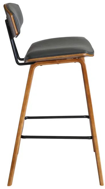 Fox 28.5" Bar Height Grey Faux Leather and Walnut Wood Mid-Century Modern Bar Stool