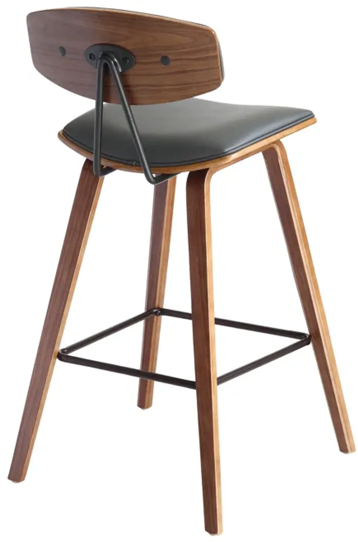 Fox 28.5" Bar Height Grey Faux Leather and Walnut Wood Mid-Century Modern Bar Stool