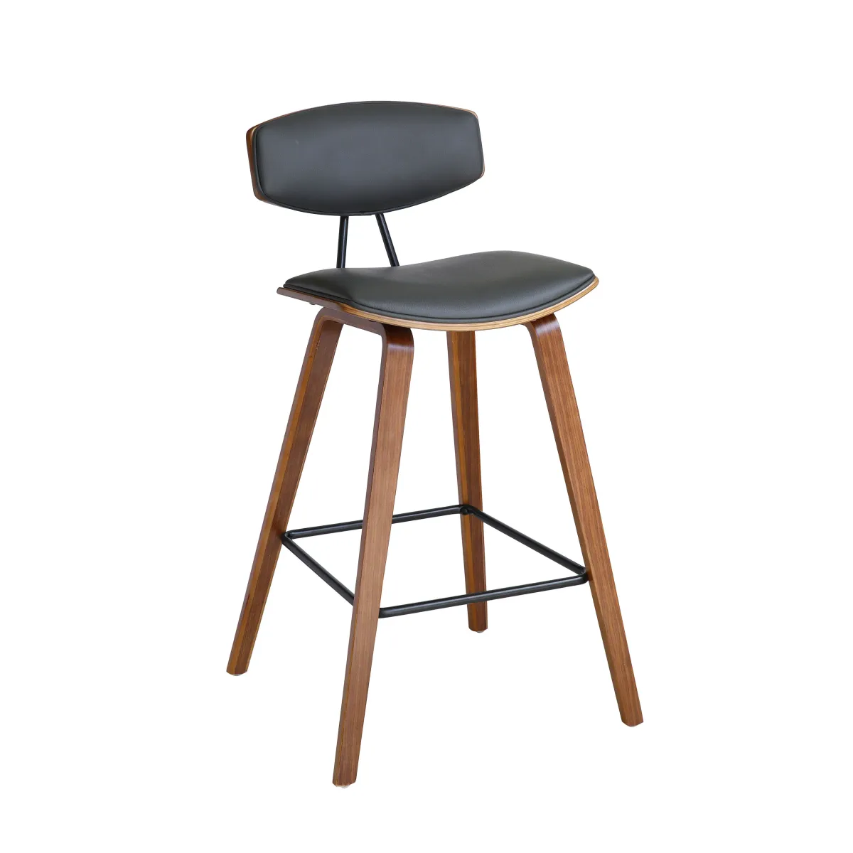 Fox 28.5" Bar Height Grey Faux Leather and Walnut Wood Mid-Century Modern Bar Stool